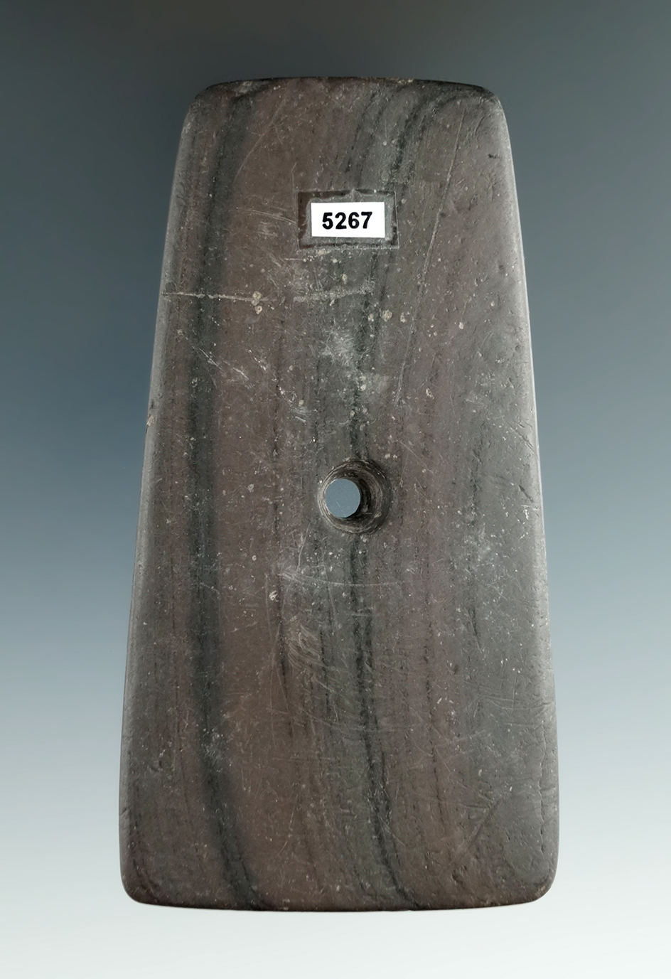 3 7/8" Red Banded Slate Adena Pendant found in Logan Co., Ohio.  Ex. Tom Mallin.