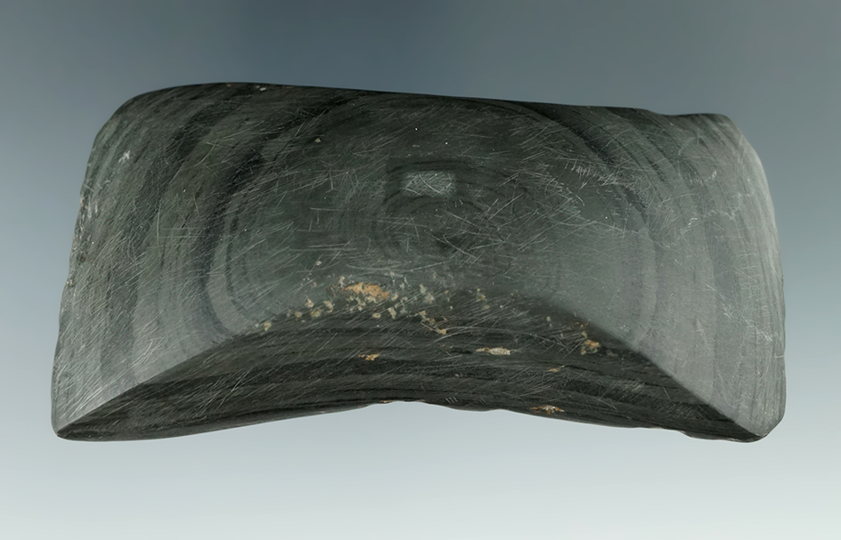 4 1/4" Banded Slate Undrilled Semi-Keeled Gorget found in Darke Co., Ohio.