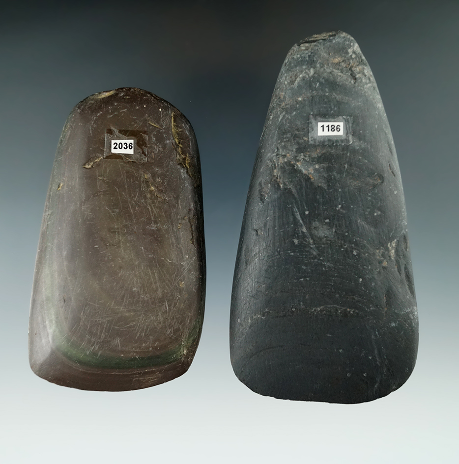 Pair of Slate Celts.  Largest is 4 7/16" and is from Indiana.  The smaller is 3 11/16" found in Ohio
