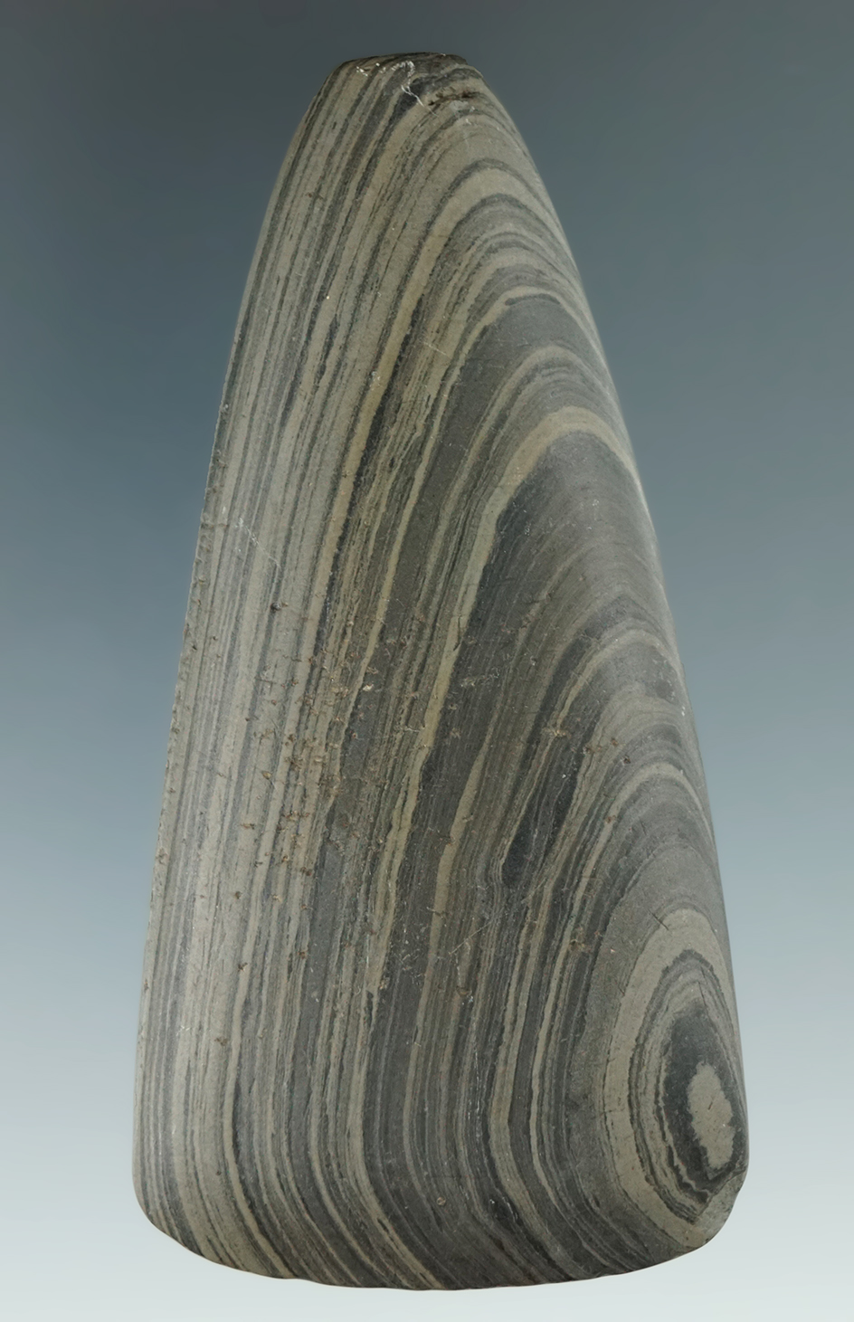 3 11/16" Banded Slate Celt found in Allen Co., Ohio.  Ex. Bob Fogt.