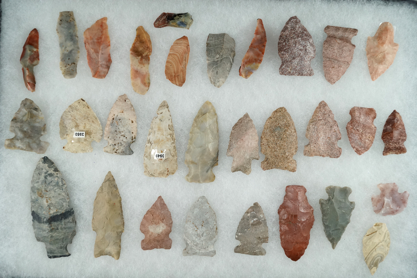 30 colorful points, Scrapers, and Blades made from a variety of materials from various locations.
