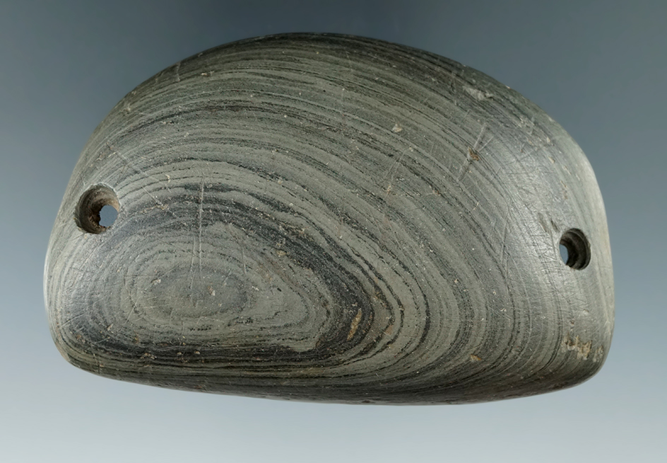 Uniquely styled 3 3/16" Slate Gorget found along the Portage River near Elmore, Ottawa Co., Ohio. Ex