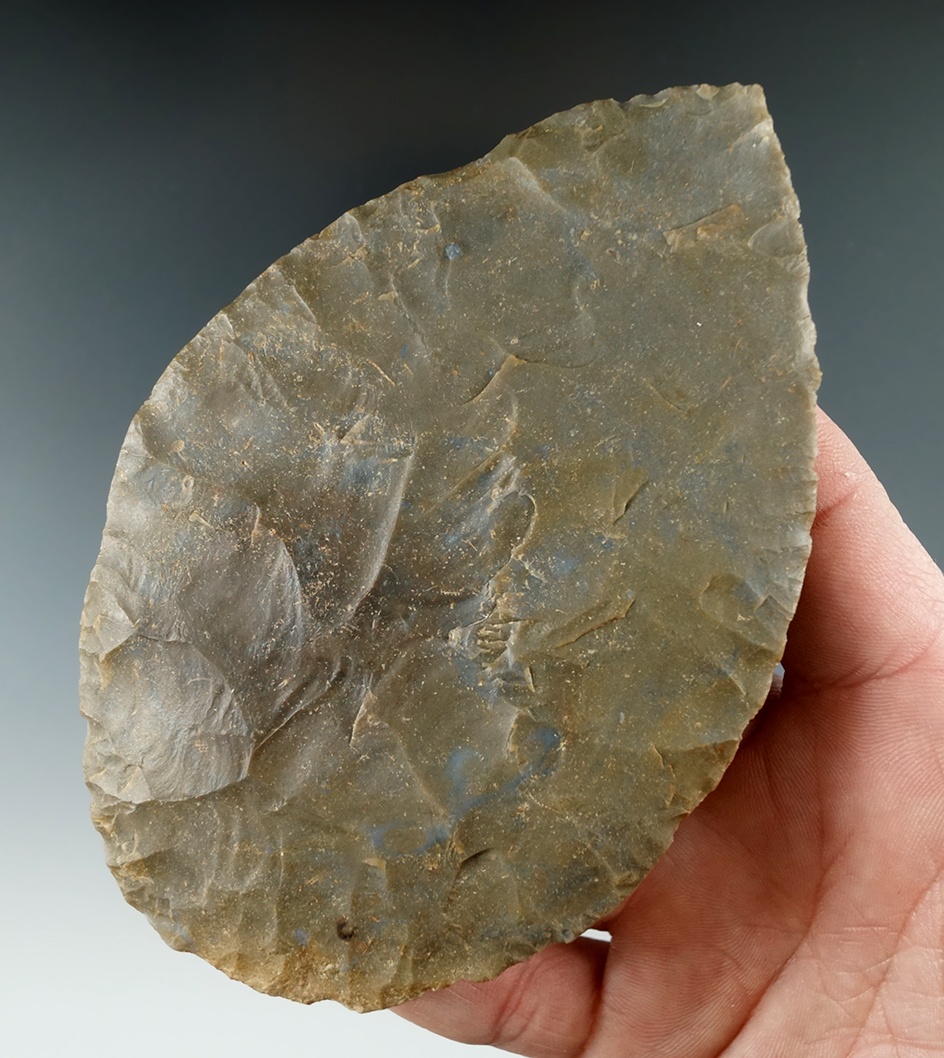 4 5/8" Heavily Patinated Hornstone Cache Blade found at Cribb Mound, Spencer Co., Indiana.