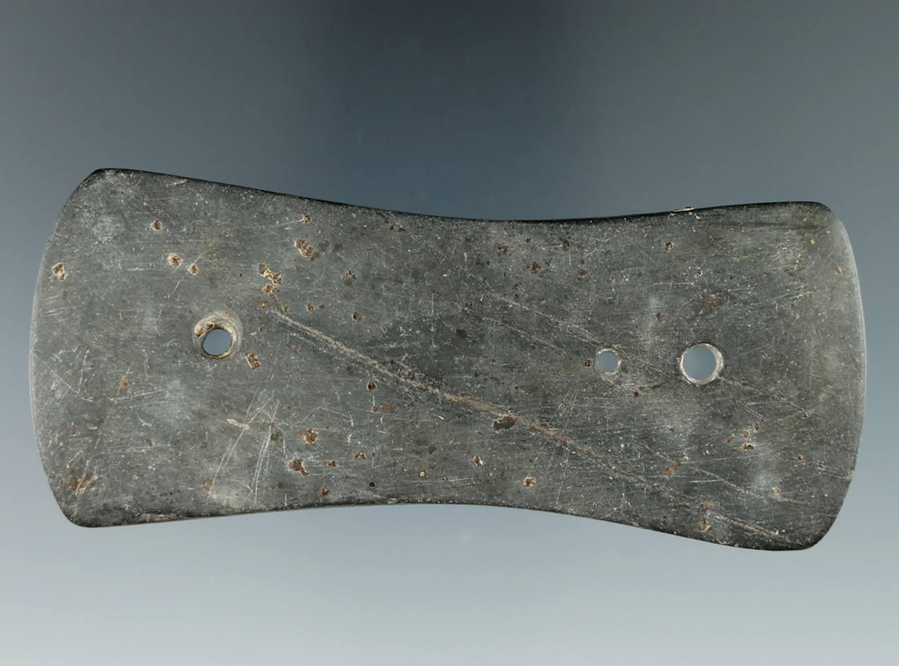 3 3/4" Bi-Concave Three Hole Gorget found in Wood Co., Ohio. Jackson COA. Pictured!