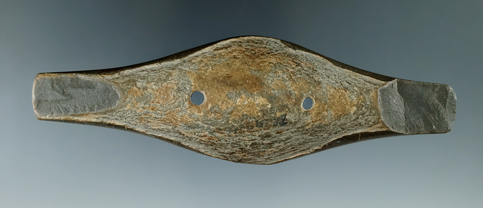 Heavily patinated 5" Adena Expanded Center Gorget found in 1920 in Trumbull Co., Ohio. Ex. Platt