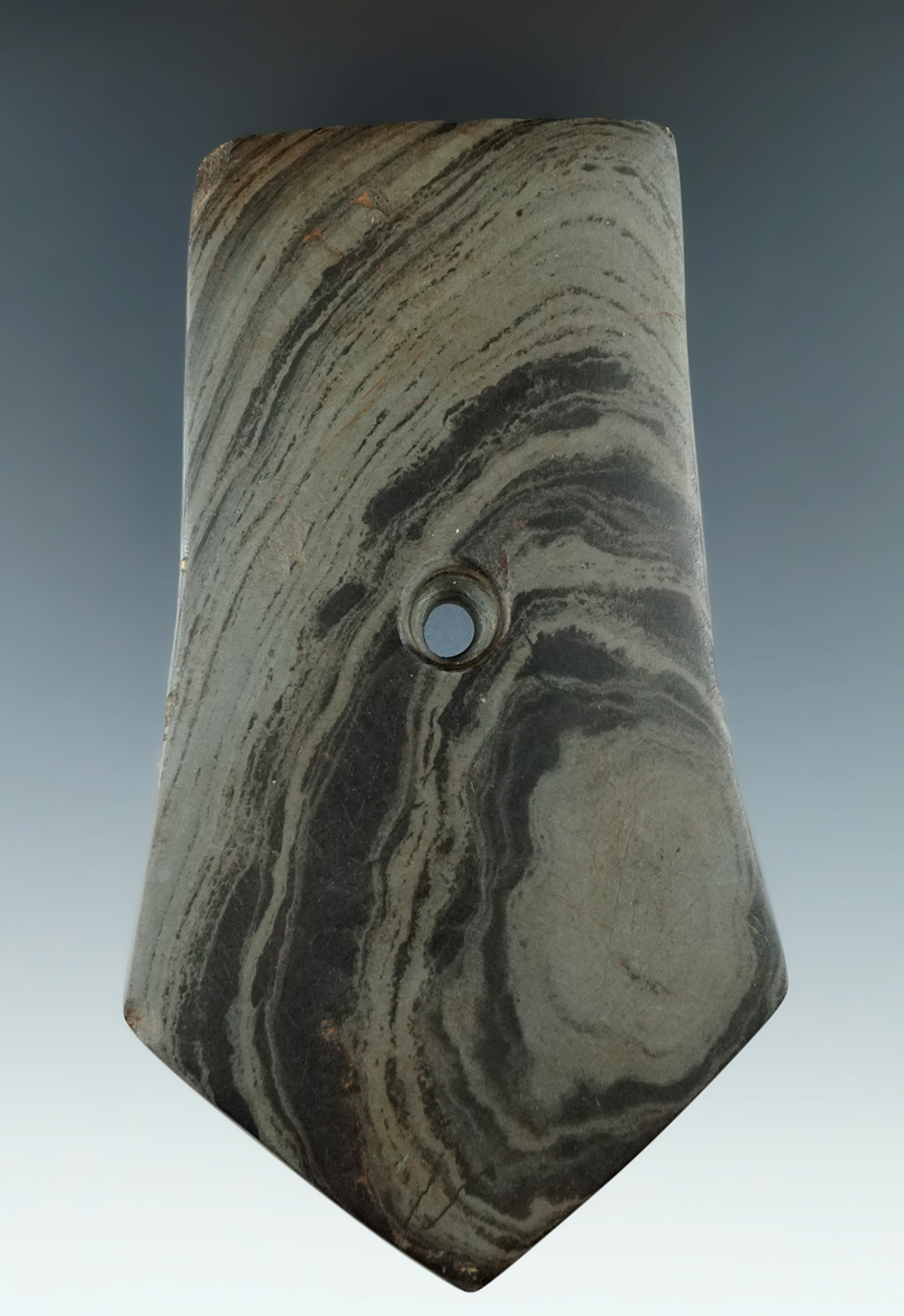 4 7/16" Pentagonal Pendant made from nicely banded Slate, found in Seneca Co., Ohio.