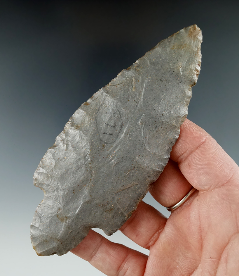 4 3/4" Beavertail Adena made from Hornstone, found in Spencer Co., Indiana. Berner COA.