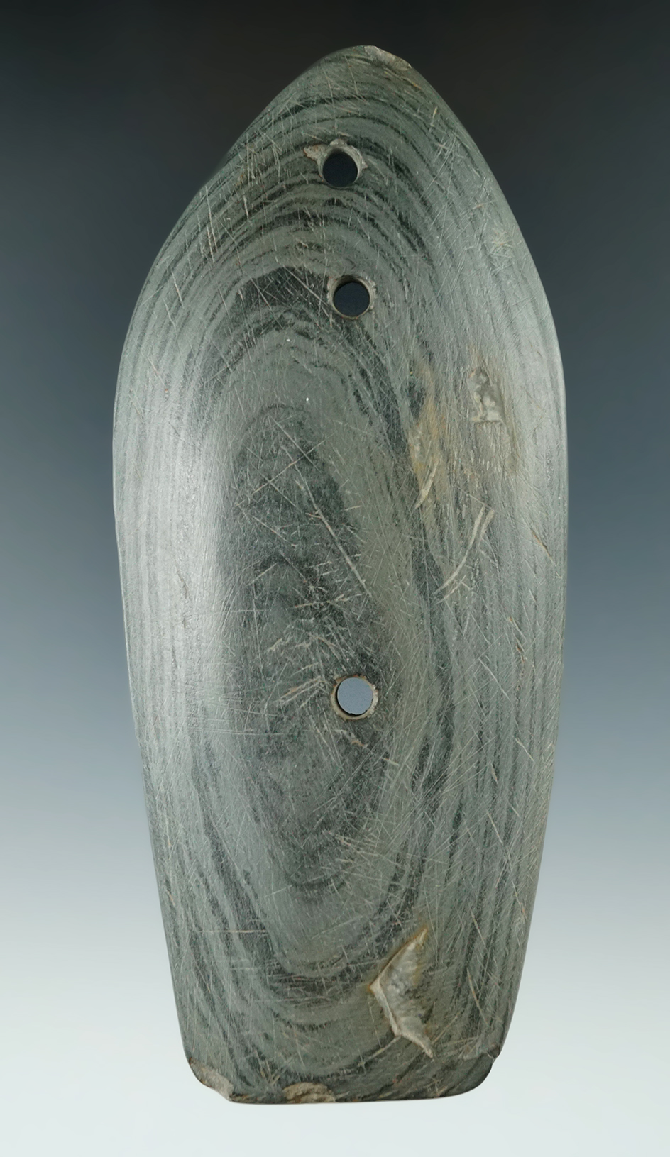 5 1/4" Glacial Kame Three Hole Coffin Gorget found in Licking Co., Ohio. Ex. Jim Hawks.