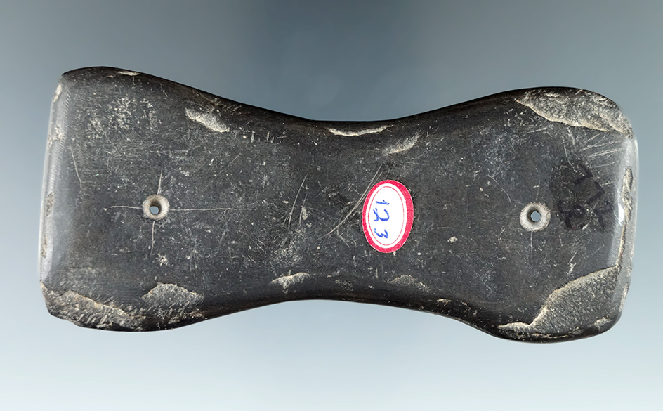 4 1/8" Bi-concave Gorget found in Hancock Co., Ohio. Ex. Ron Siebeneck, Gary Noel.