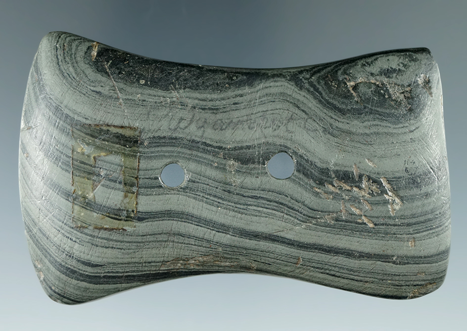 3 1/4" Bi-Concave Gorget made from green Banded Slate, found in Wyandot Co., Ohio. COA.