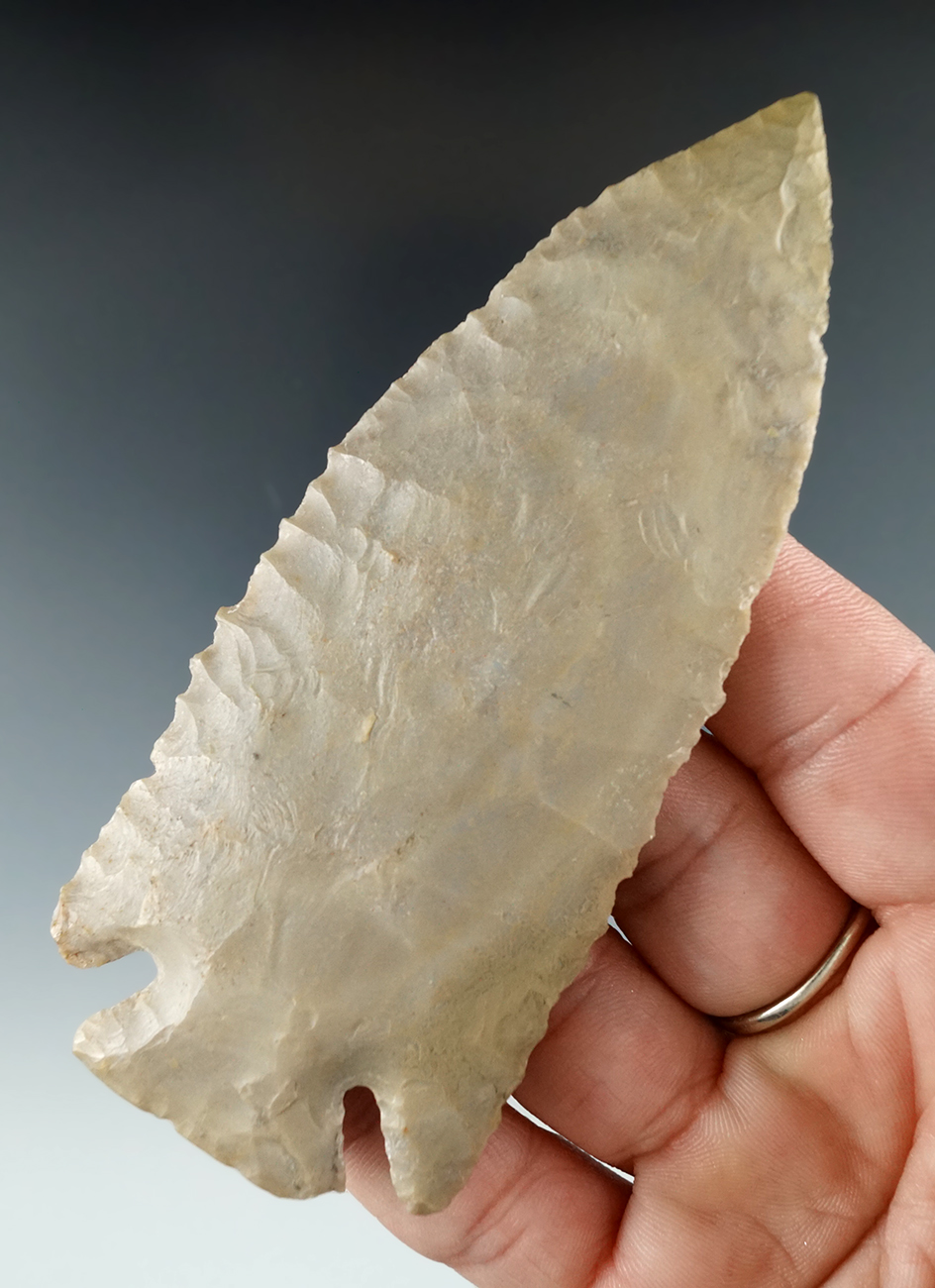 4 1/8" Lost Lake with restoration to 1/2" of tip. Found in Logan Co., Kentucky. Dickey COA.