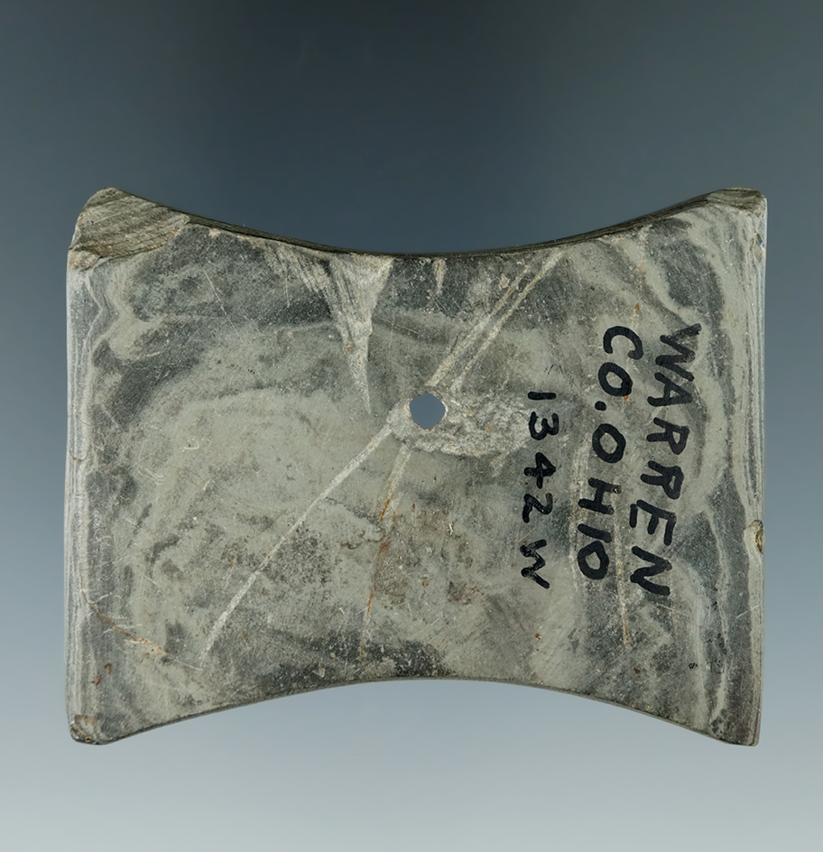 Uniquely drilled 2 1/2" Bi-Concave Gorget found in Warren Co., Ohio. Ex Wehrle, Townsend.