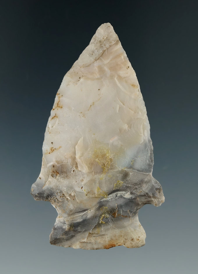 2 1/2" Cornernotch made from Mozarkite Flint, found in Missouri. Ex. Dilley Collection.