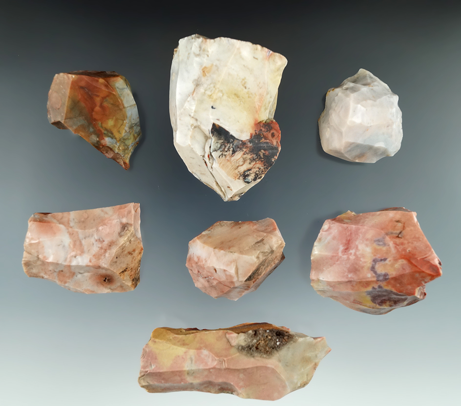 Group of 7 Flint Ridge Cores found in Licking Co., Ohio. Ex Gilbert Dilley Collection.