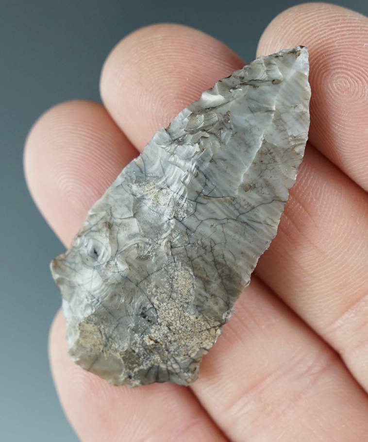 2" Shouldered Cascade made from gray petrified wood. Found near the Columbia River, Oregon.