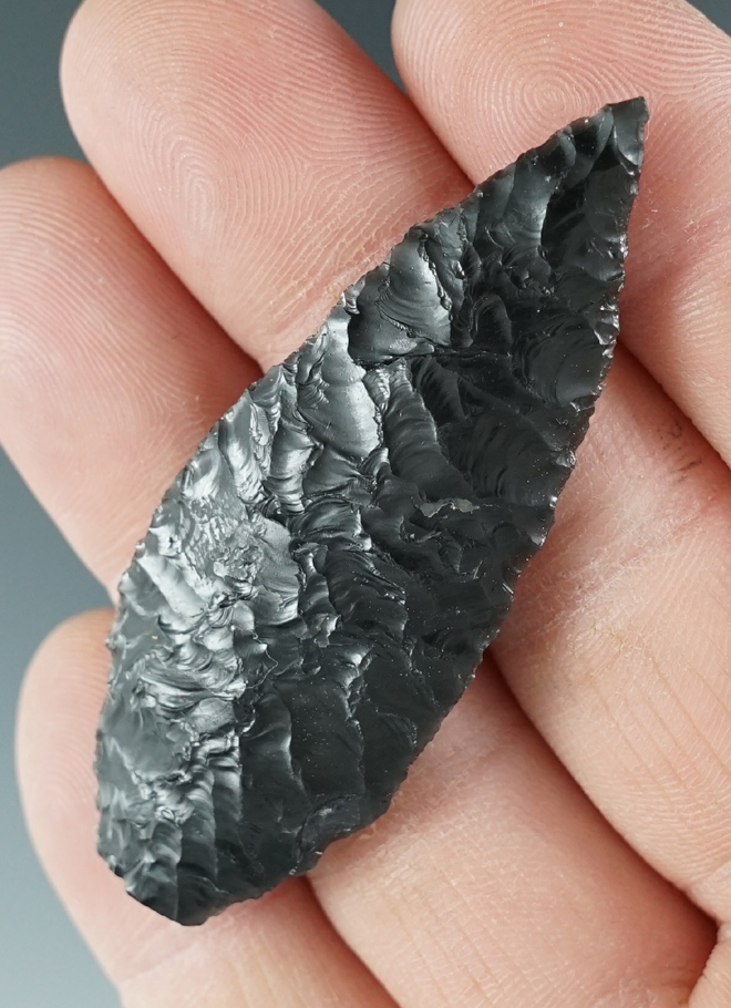 2 1/4" Cascade Leaf Blade made from black Obsidian. Found in the Great Basin, Oregon.