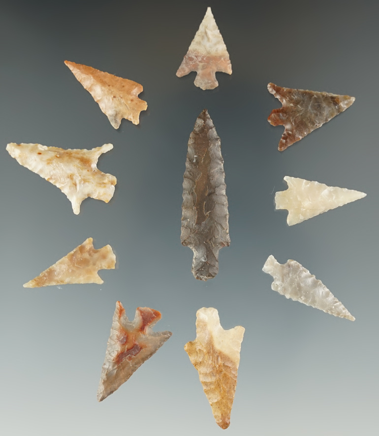 Group of 10 Columbia River Points, longest is 1 3/4".