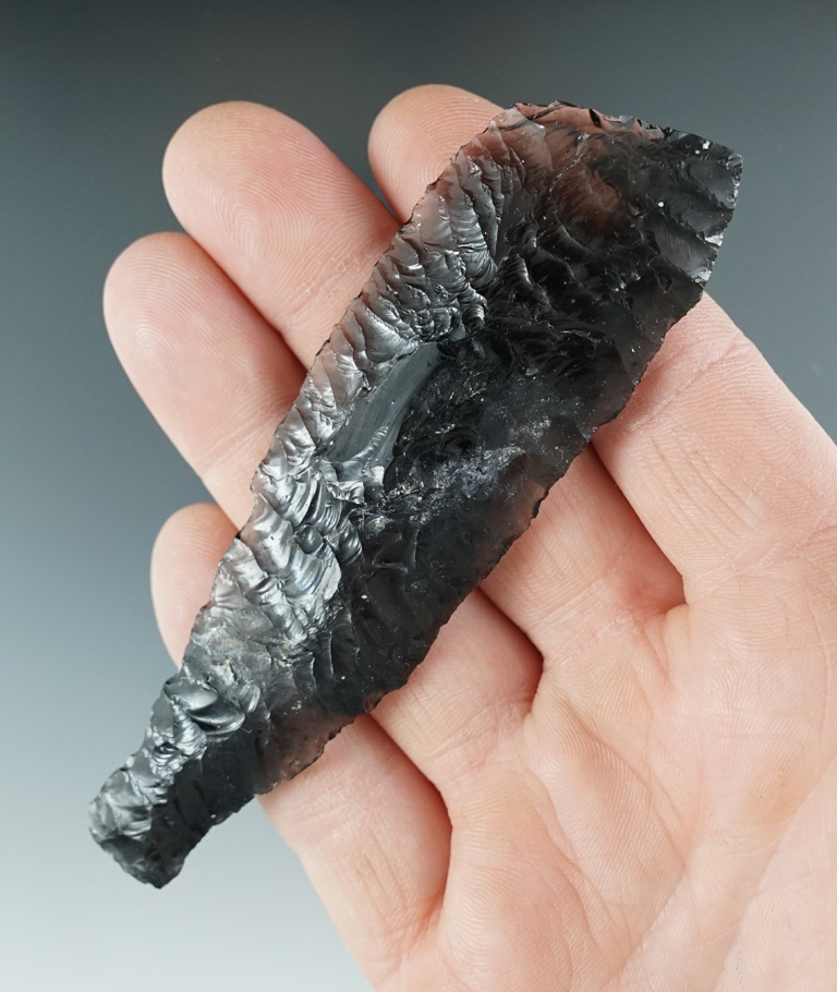 4 1/8" Knife-tool made from black and clear Obsidian. Found in the Great Basin, Oregon.