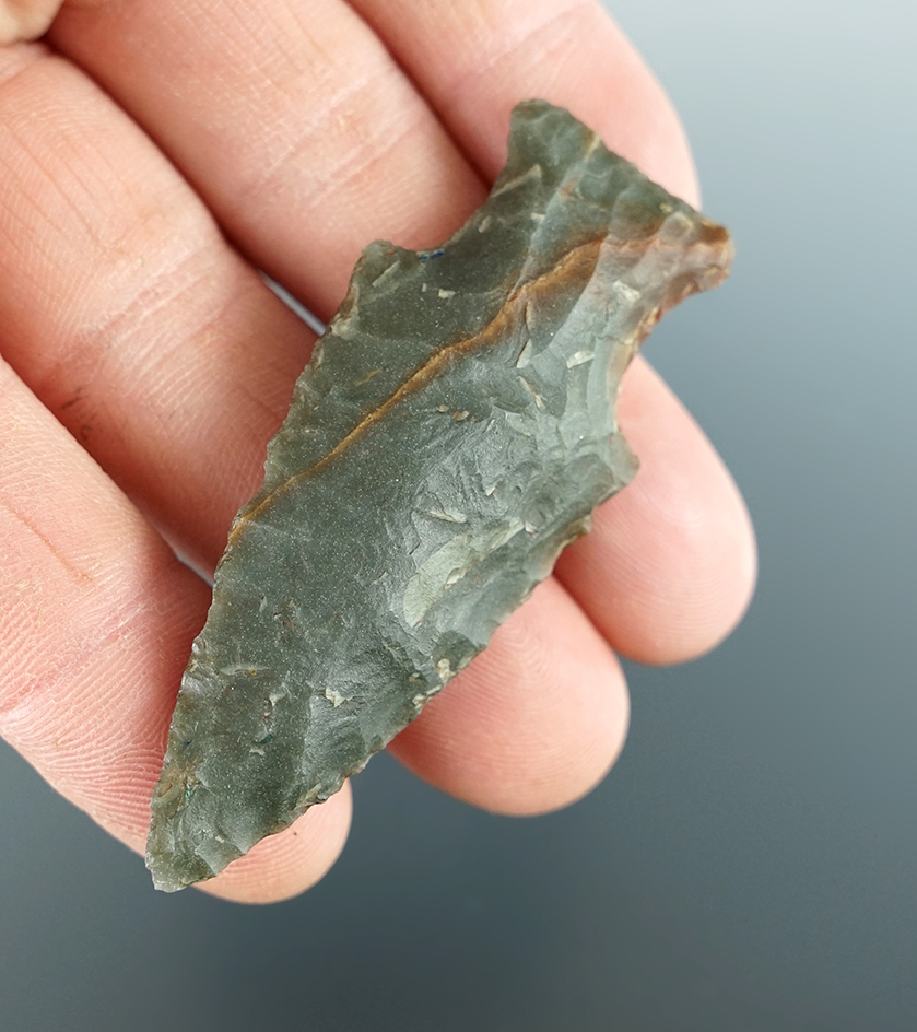 2 1/2" Sidenotch Point made from mint green Jasper. Found near the Columbia River, Oregon.