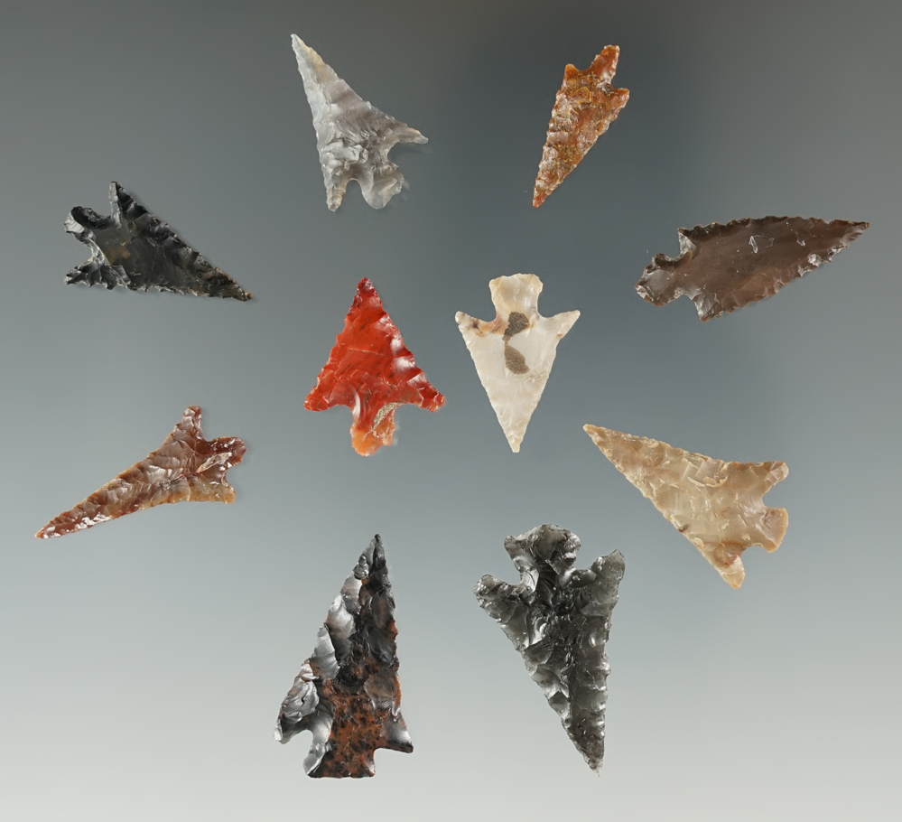 Group of 10 Columbia River Points, longest is 1 1/8".