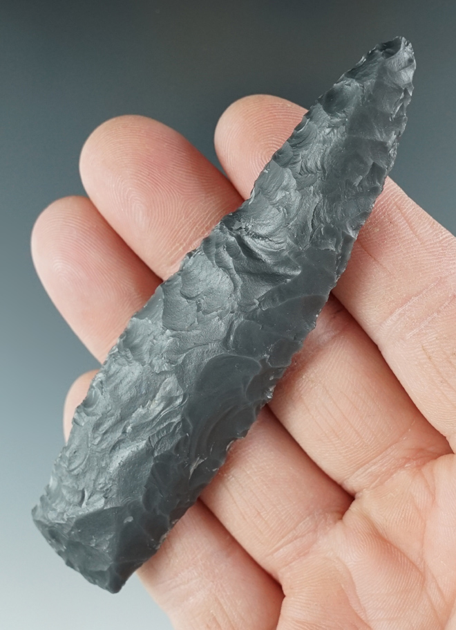 4" Shouldered ground Knife made from gray Obsidian. Found in the Great Basin, Oregon.