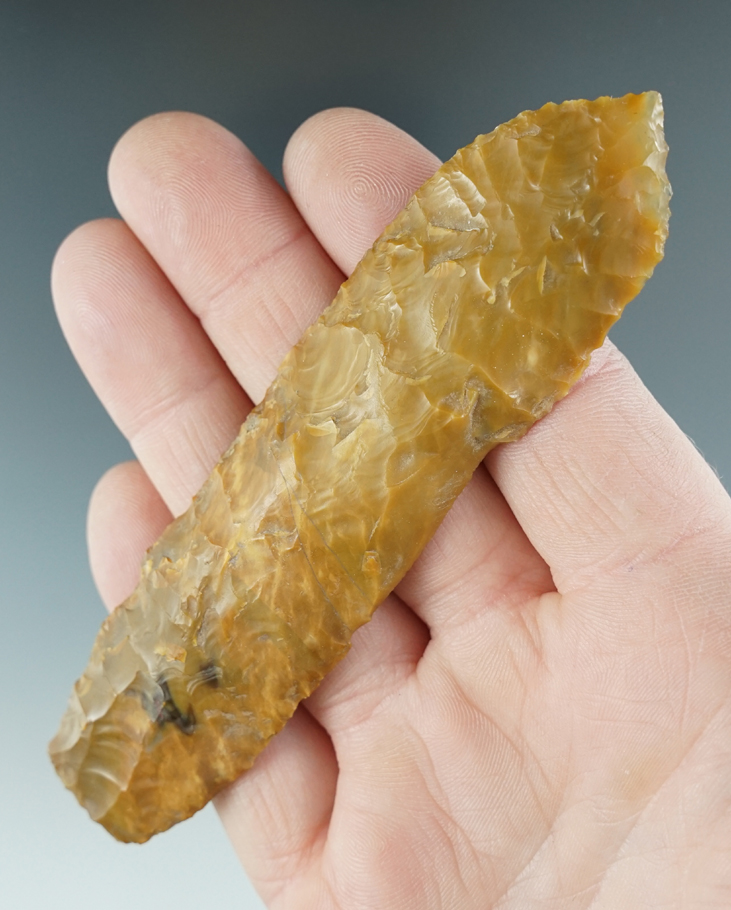 4 1/2" Uniface Knife made from yellow Agate. Found near the Columbia River, Oregon.