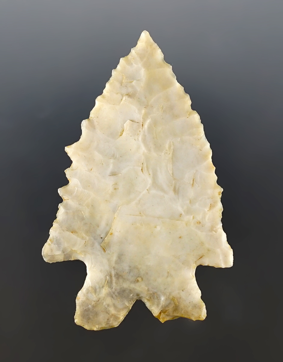 2 5/8" Bifurcated MacCorkle found in Crawford Co., Ohio. Thin and well made from Flint Ridge.