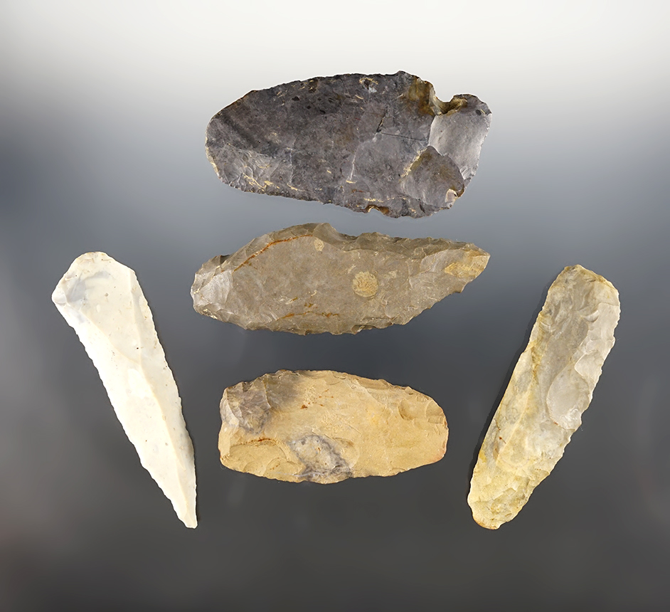 Set of 5 assorted Paleo Tools found in Ohio. The largest is 3 13/16".
