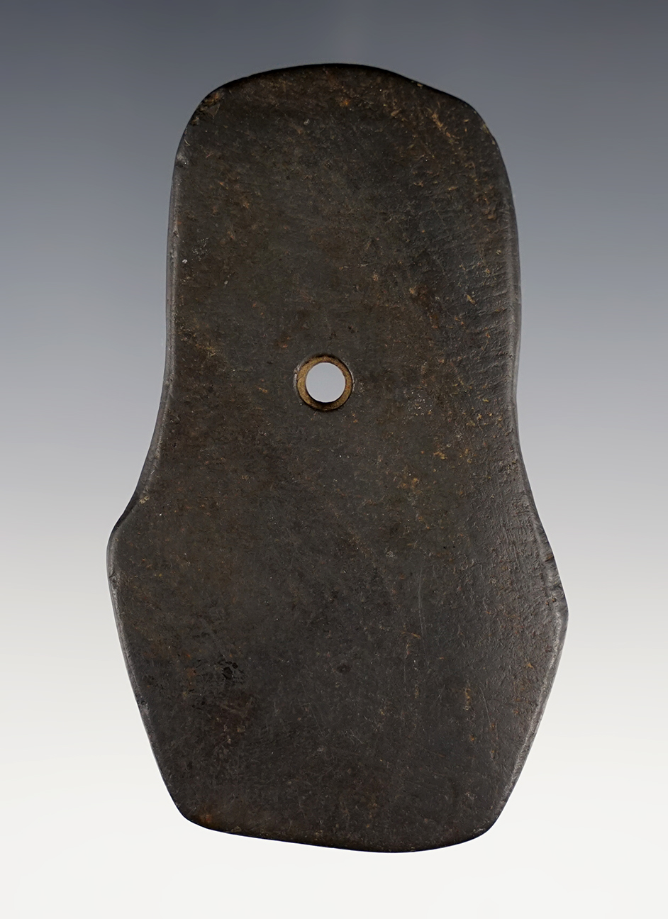 3 7/16" Shovel Pendant made from patinated black Slate. Found in Greenville, Darke Co., Ohio. 