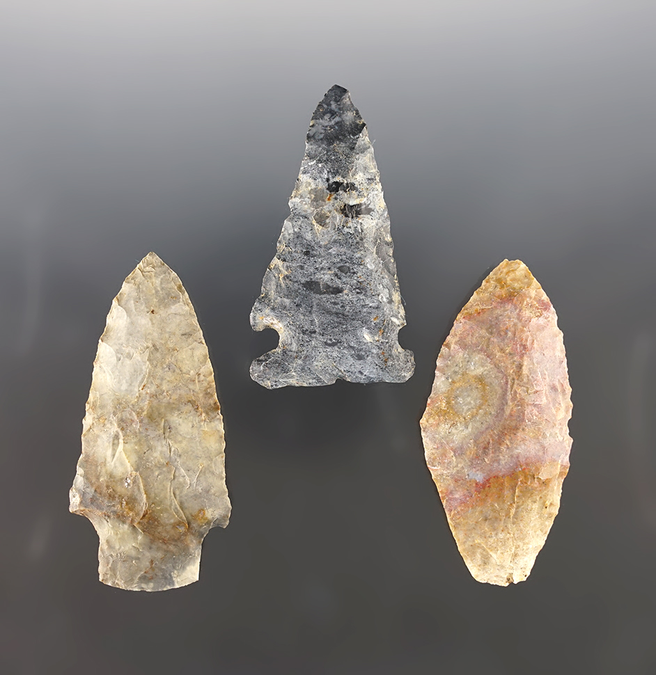 Set of 3 nicely made points found in Crawford Co., Ohio. The largest is 2 3/4". Ex. Turner