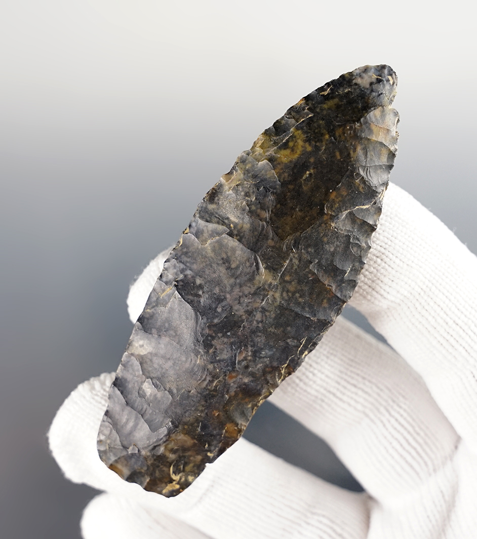 Fine 3 1/8" Coshocton Flint Paleo Lanceolate found in Stark Co., Ohio. Excellent grinding. 