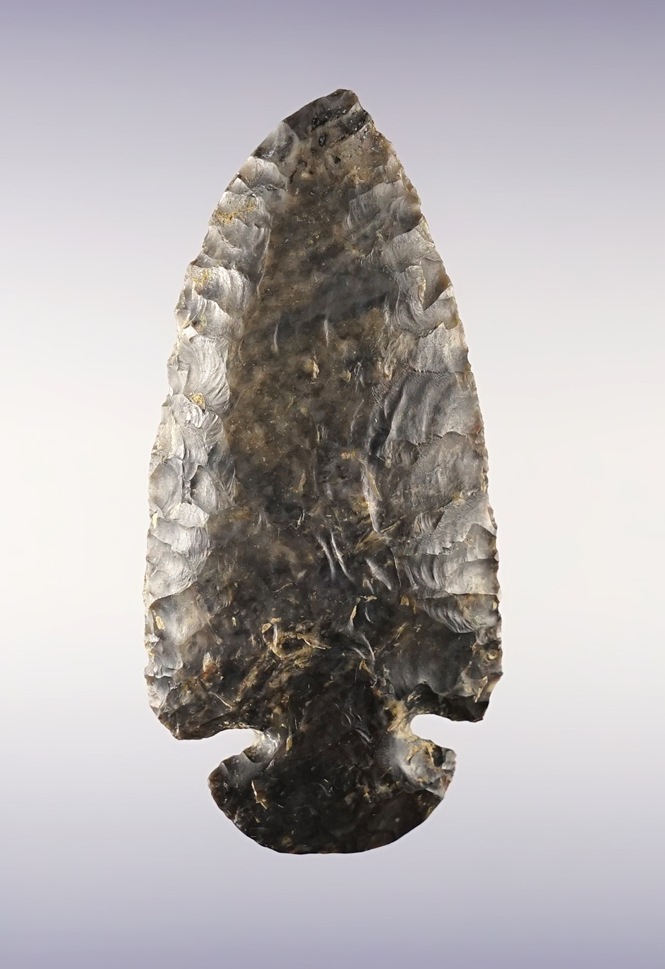 2 15/16" classic style Ohio Dovetail. Small impact fracture at the tip. Made from Coshocton Flint.