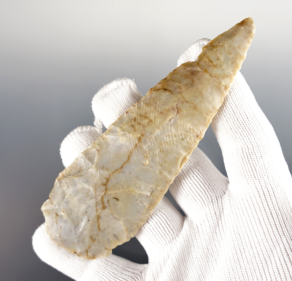 4 11/16" Paleo Blade made from colorful Flint Ridge Flint. Found in Delaware Co., Ohio. 