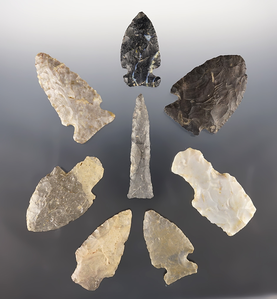 Set of 8 assorted points found in Crawford Co., Ohio. The largest is 2 9/16". Ex. Turner collection.