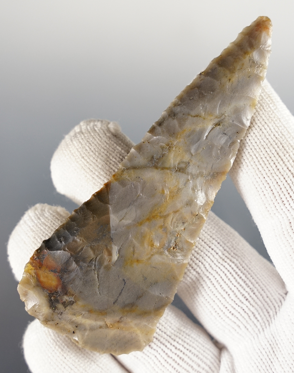 Well flaked 3 5/16" colorful Knife found in the Ohio/Kentucky area. Ex. Terry Elleman.