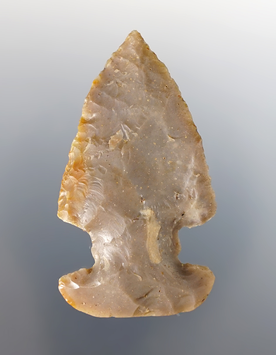 Semi-translucent 2 3/16" Thebes E-Notch made from Flint Ridge Flint. Found in Ohio.