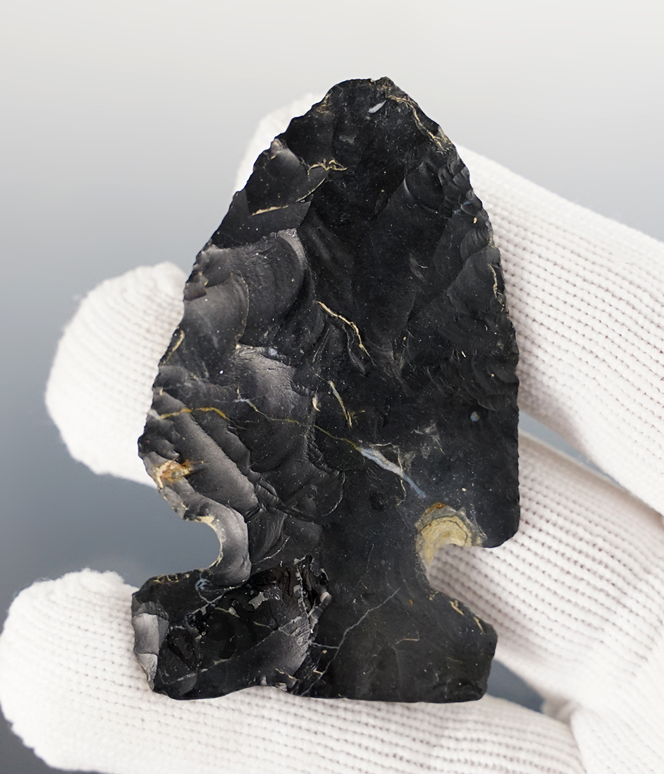 Classic 2 5/16" Archaic Sidenotch made from black Zaleski Flint. Found in Richland Co., Ohio.