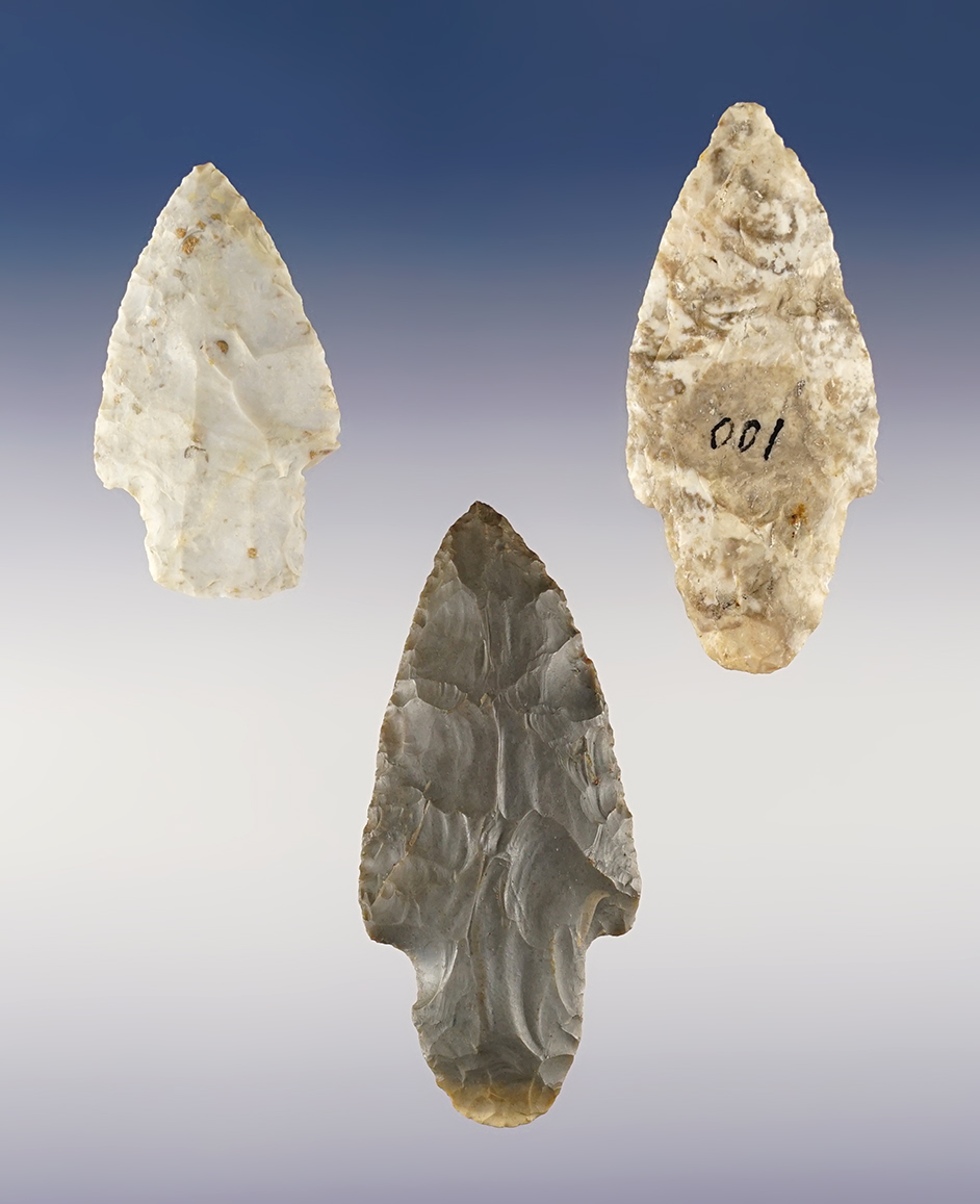 Set of 3 Adena points found in the Midwestern U.S. All are in good condition. The largest is 3".