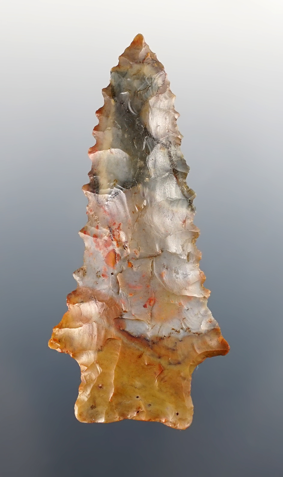 Superb! 2 7/16" serrated Heavy Duty made from Flint Ridge Flint. Found in Ohio. Bennett COA.