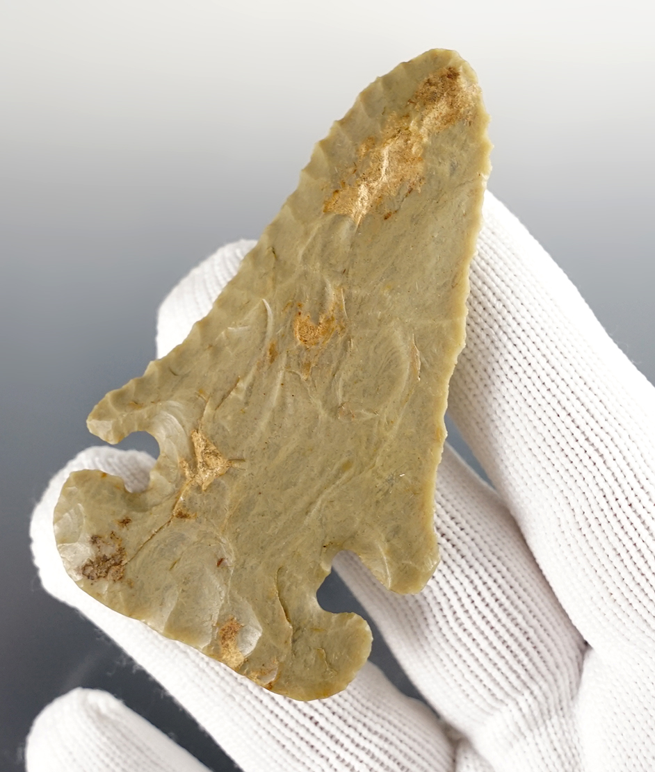 2 3/4" classic Archaic Thebes E-Notch bevel made from Crooksville Chert, Paulding Co., Ohio.