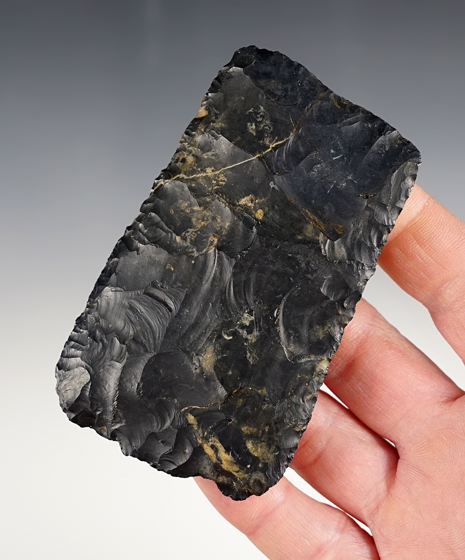 Superb! 3 1/2" Ohio Paleo Square Knife well made from black Coshocton Flint. Ex. Ellis collection.