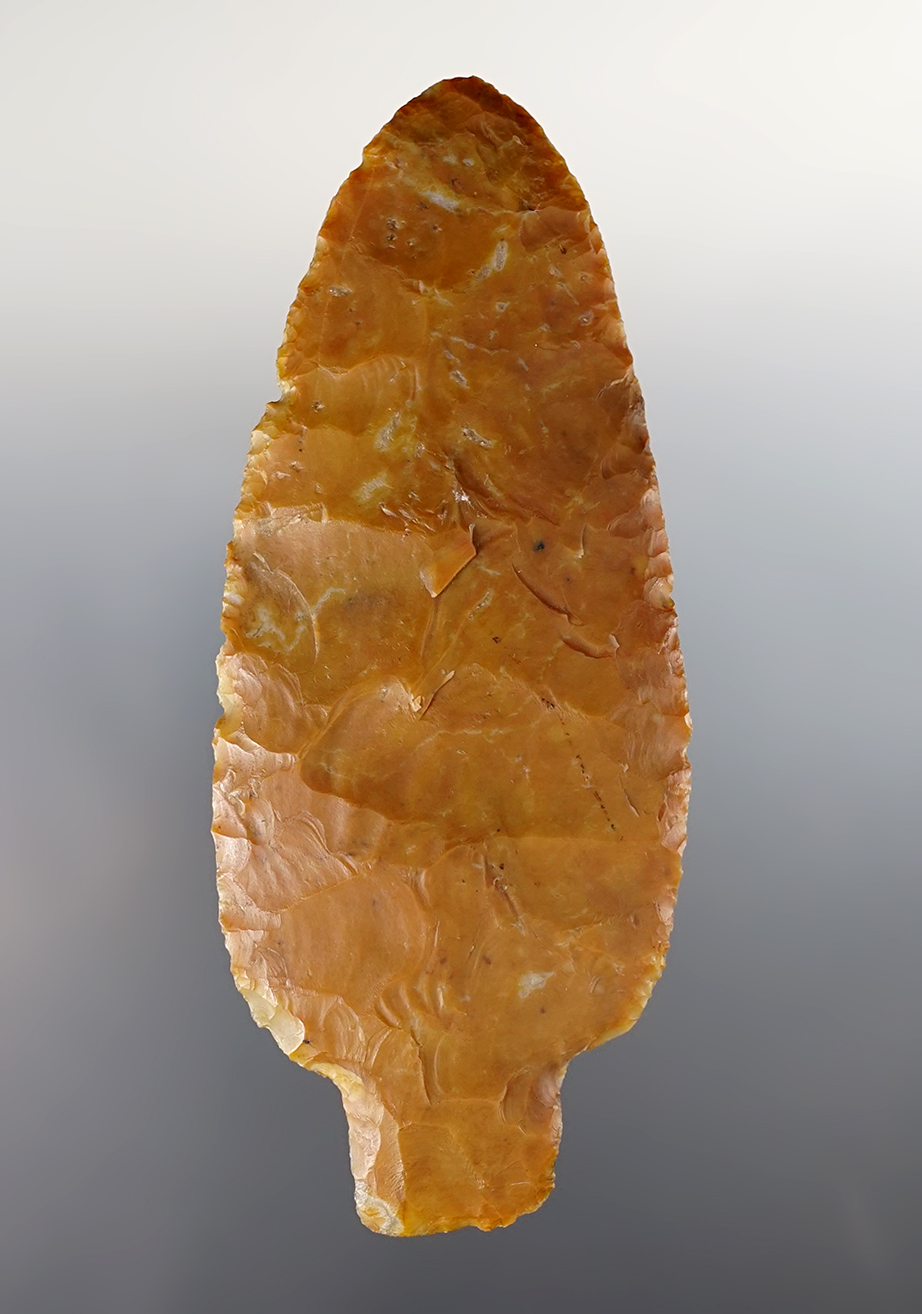 5 1/16" Ohio Adena made from deeply patinated Flint Ridge Flint. Ex. Jim Hovan. Bennett COA.