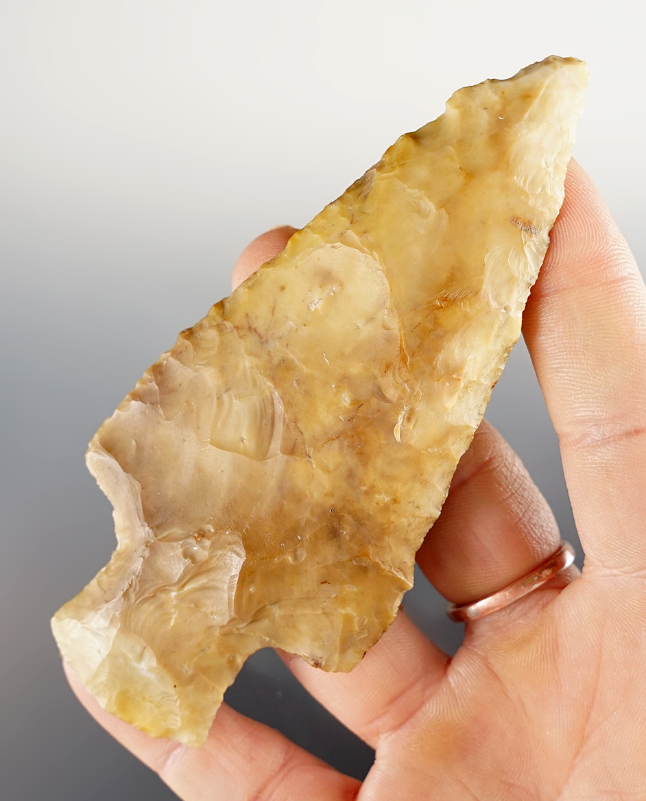 4 1/4" Hopewell made from Flint Ridge Flint. Found in Mahoning Co., Ohio. Ex. Jim Hahn. IAGA COA. 