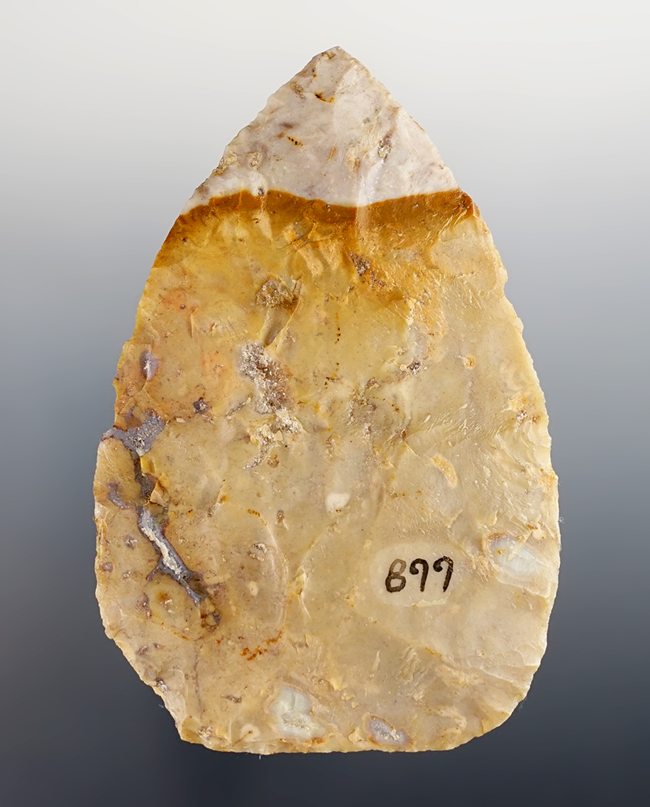 3 3/8" Flint Ridge Flint Adena Cache Blade. Found in Hardin Co., Ohio. Ex. Ken Black collection. 