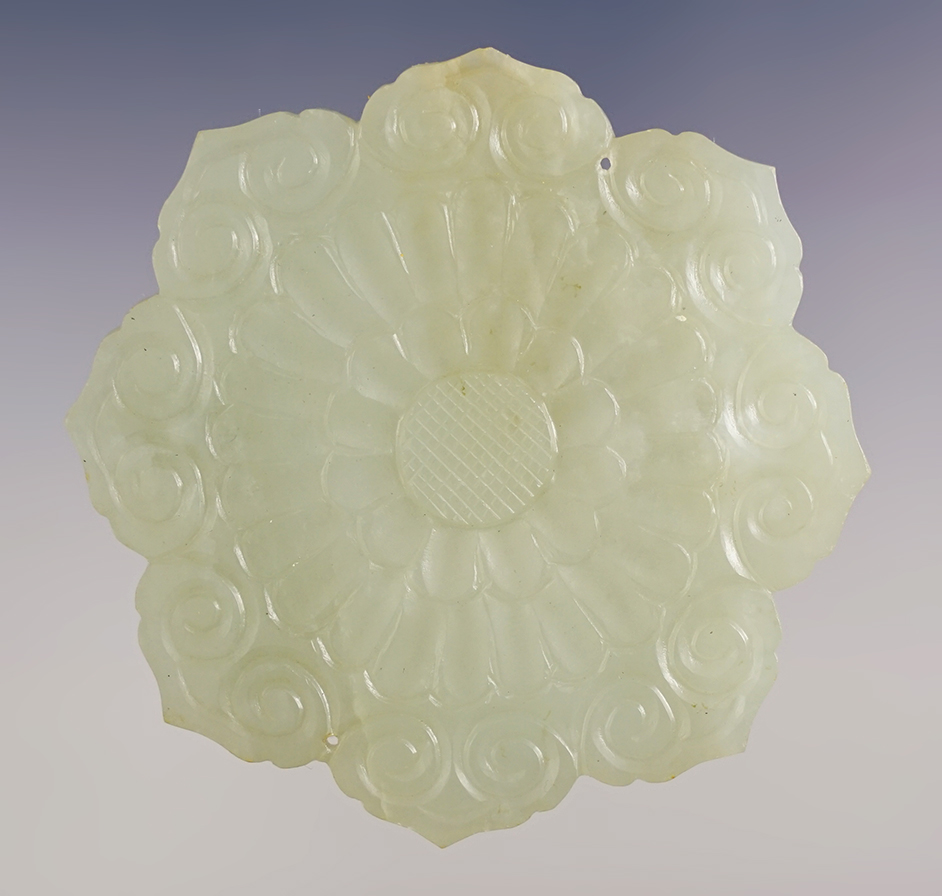 2 11/16" diameter incredibly well crafted floral design drilled ornament. Recovered in China. 