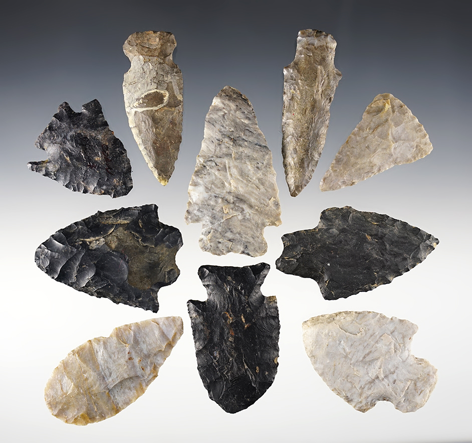 Set of 10 nice Ohio points. A good variety of types in this group. The largest is 2 11/16".