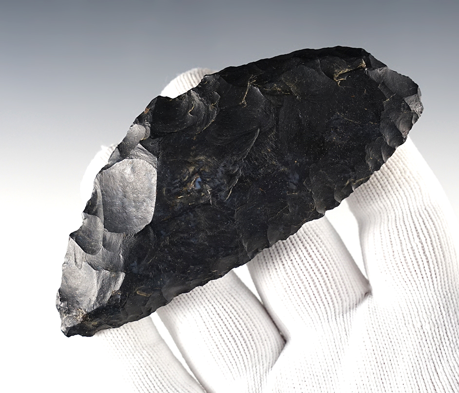 4 3/8" Ohio Paleo Blade made from black Coshocton Flint. Ex. Hicks collections.