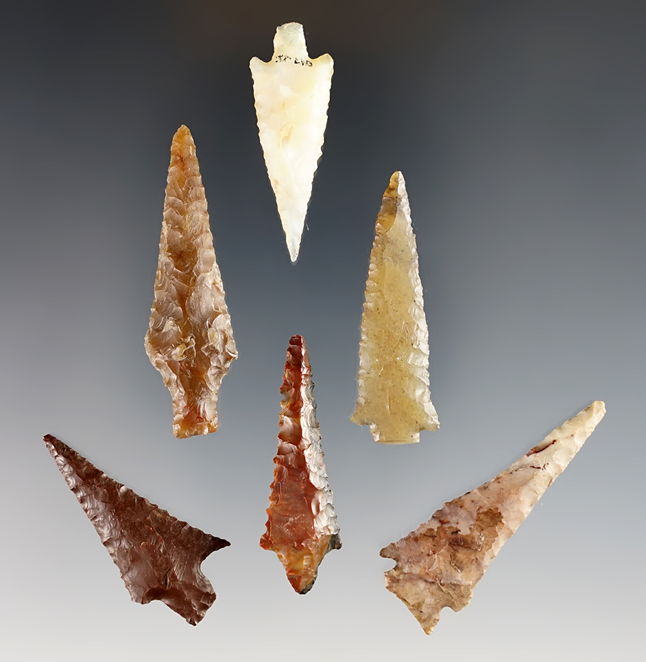 6 assorted Columbia River Arrowheads - Washington / Oregon. Largest is 1 15/16".