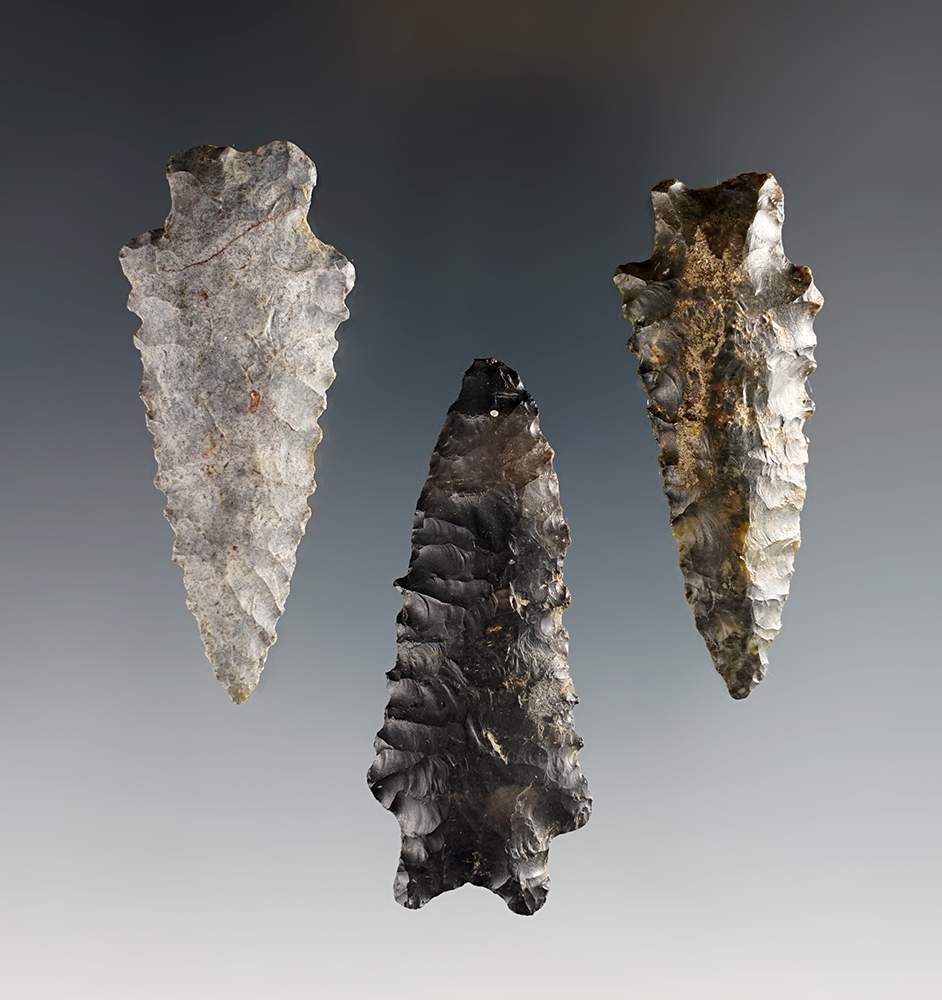 Set of 3 Heavy Duty Points made from Coshocton Flint with nice patina. All found in Ohio. 