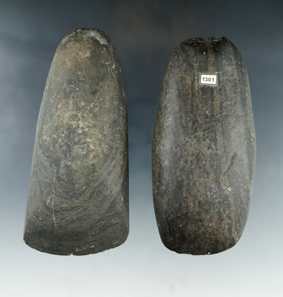 Pair of Celts found in Ohio, one is Slate and the other Hardstone.  Largest is 4 5/8".